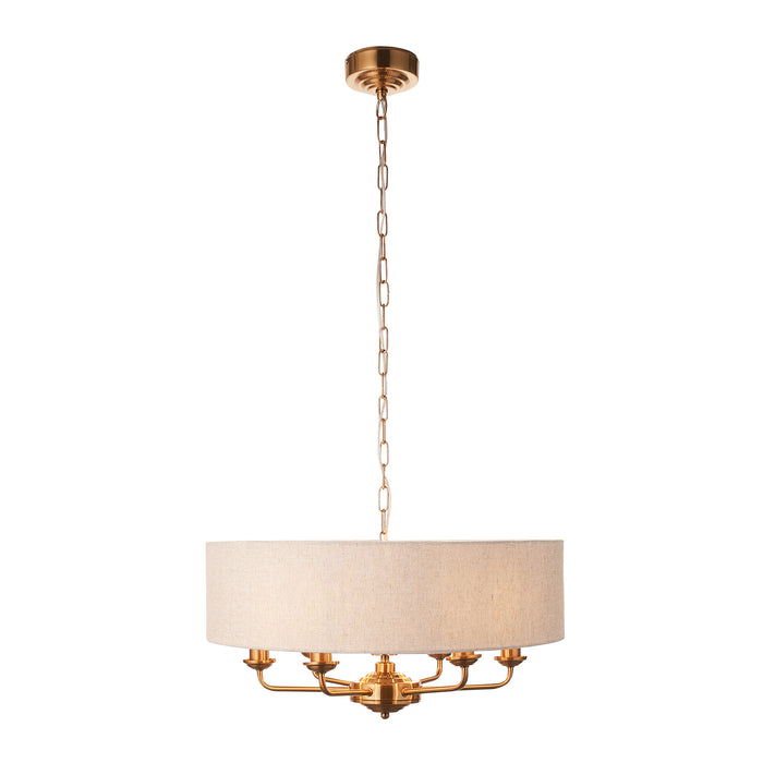 Endon 110722 Highclere 6lt Pendant Vintage brass & natural linen 6 x 6W LED E14 (Required) - westbasedirect.com