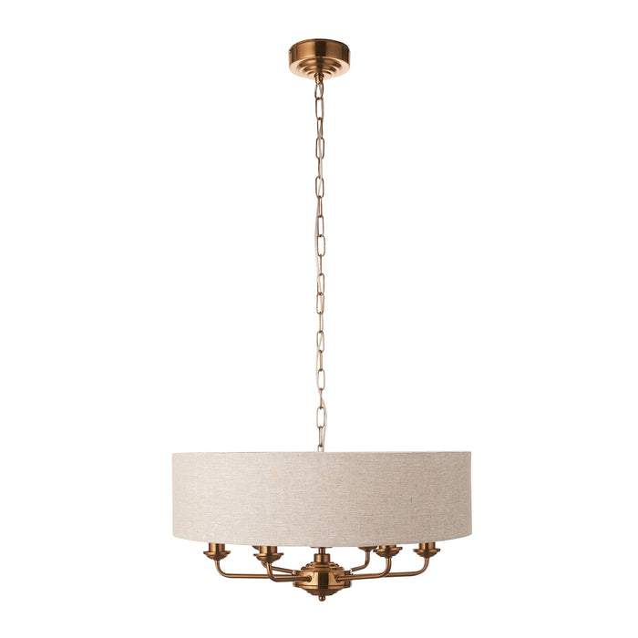 Endon 110722 Highclere 6lt Pendant Vintage brass & natural linen 6 x 6W LED E14 (Required) - westbasedirect.com