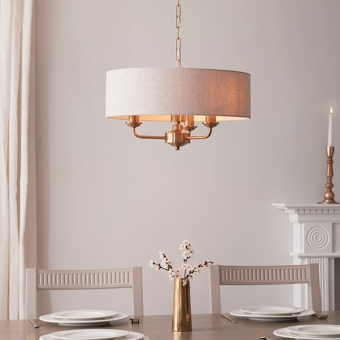Endon 110723 Highclere 3lt Pendant Vintage brass & natural linen 3 x 6W LED E14 (Required) - westbasedirect.com