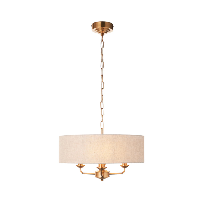 Endon 110723 Highclere 3lt Pendant Vintage brass & natural linen 3 x 6W LED E14 (Required) - westbasedirect.com