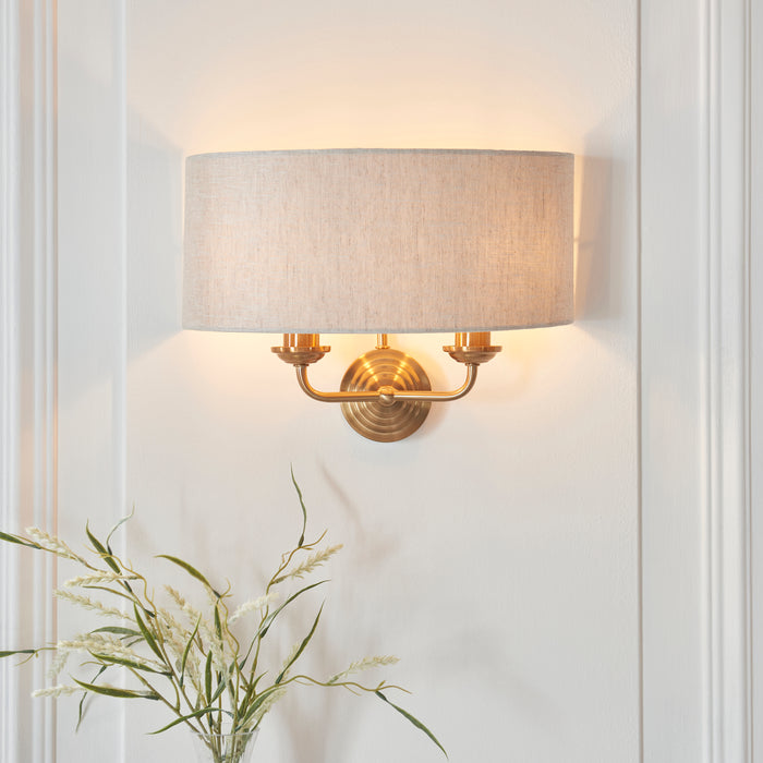 Endon 110726 Highclere 2lt Wall Vintage brass & natural linen 2 x 6W LED E14 (Required) - westbasedirect.com