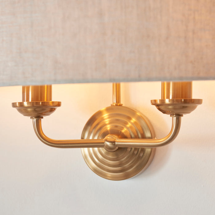 Endon 110726 Highclere 2lt Wall Vintage brass & natural linen 2 x 6W LED E14 (Required) - westbasedirect.com