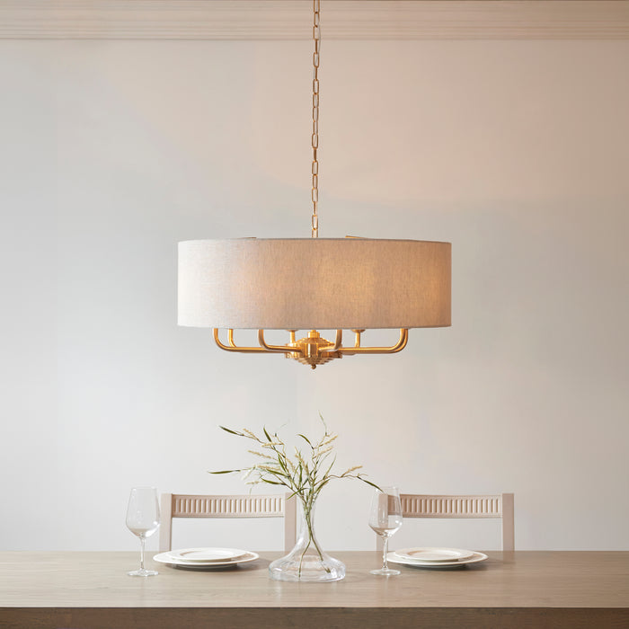 Endon 110727 Highclere 8lt Pendant Vintage brass & natural linen 8 x 6W LED E14 (Required) - westbasedirect.com