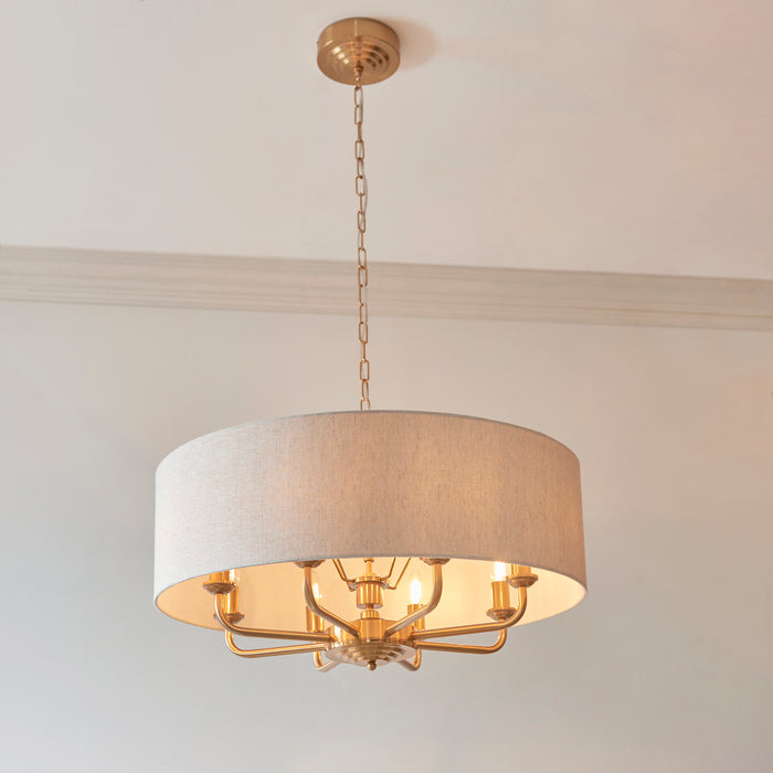 Endon 110727 Highclere 8lt Pendant Vintage brass & natural linen 8 x 6W LED E14 (Required) - westbasedirect.com
