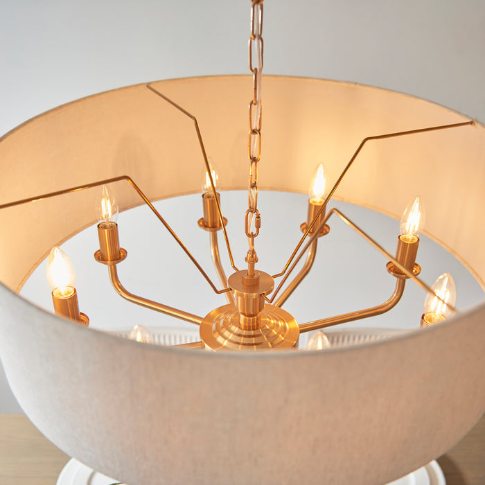 Endon 110727 Highclere 8lt Pendant Vintage brass & natural linen 8 x 6W LED E14 (Required) - westbasedirect.com