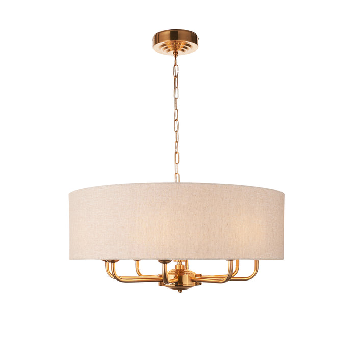 Endon 110727 Highclere 8lt Pendant Vintage brass & natural linen 8 x 6W LED E14 (Required) - westbasedirect.com