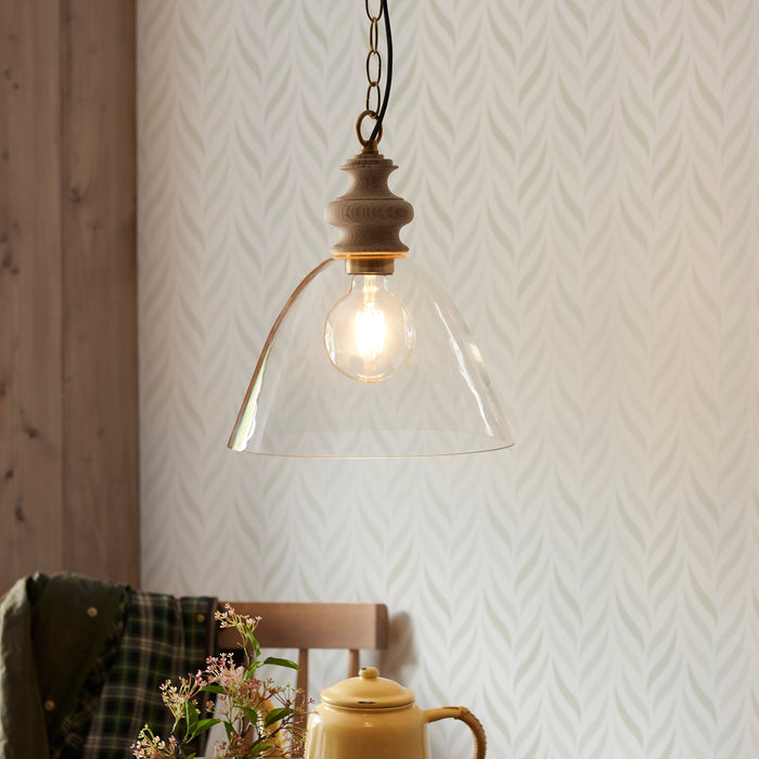 Endon 110825 Cotswold Pendant Natural ash, brushed aged brass plate & clear glass  10W LED E27 (Required) - westbasedirect.com