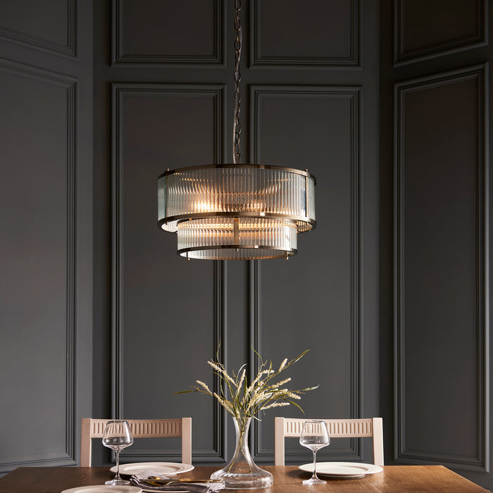 Endon 110944 Ridgeton 5lt Pendant Antique brass plate & clear ribbed glass 5 x 6W LED E14 (Required) - westbasedirect.com