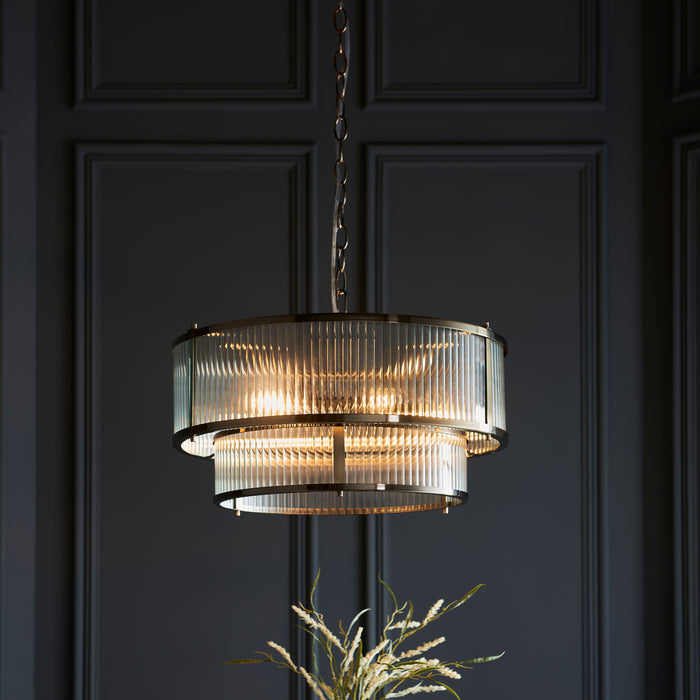 Endon 110944 Ridgeton 5lt Pendant Antique brass plate & clear ribbed glass 5 x 6W LED E14 (Required) - westbasedirect.com