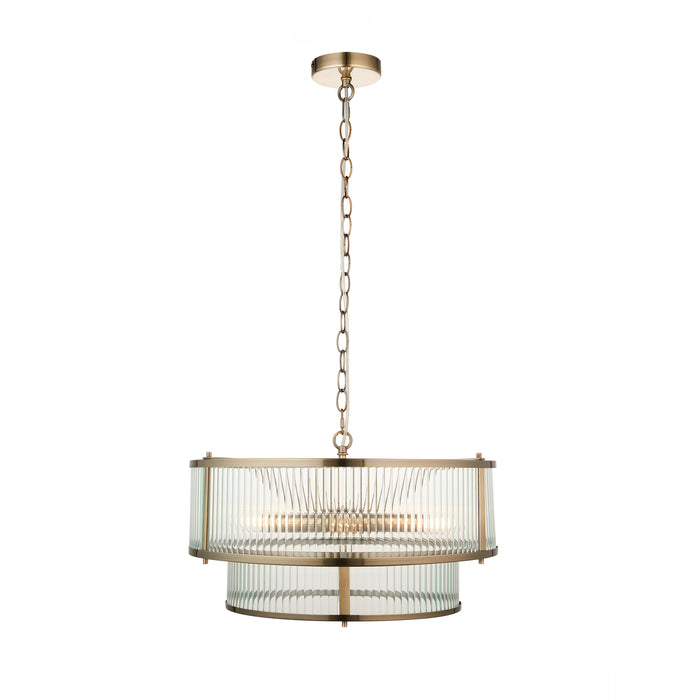 Endon 110944 Ridgeton 5lt Pendant Antique brass plate & clear ribbed glass 5 x 6W LED E14 (Required) - westbasedirect.com