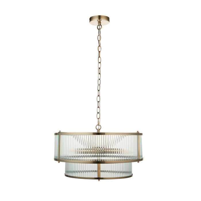 Endon 110944 Ridgeton 5lt Pendant Antique brass plate & clear ribbed glass 5 x 6W LED E14 (Required) - westbasedirect.com