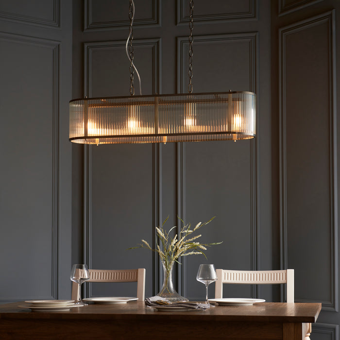 Endon 110945 Ridgeton 4lt Linear Pendant Antique brass plate & clear ribbed glass 4 x 6W LED E14 (Required) - westbasedirect.com