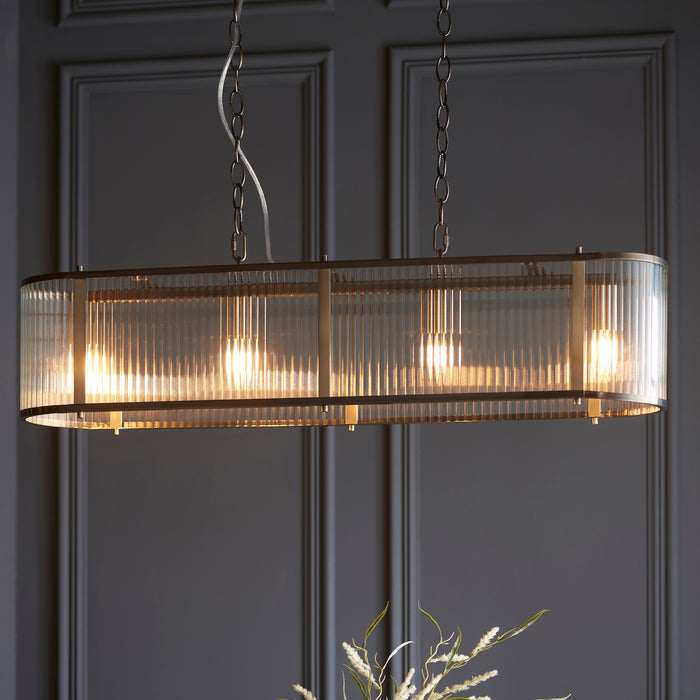 Endon 110945 Ridgeton 4lt Linear Pendant Antique brass plate & clear ribbed glass 4 x 6W LED E14 (Required) - westbasedirect.com