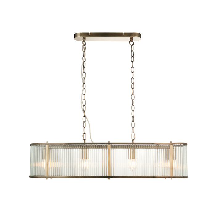 Endon 110945 Ridgeton 4lt Linear Pendant Antique brass plate & clear ribbed glass 4 x 6W LED E14 (Required) - westbasedirect.com