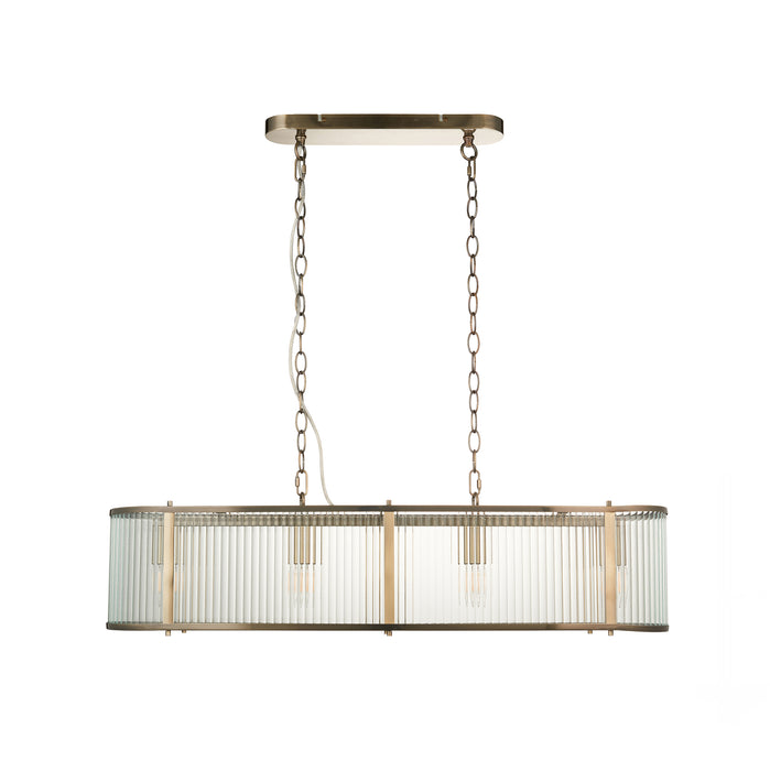 Endon 110945 Ridgeton 4lt Linear Pendant Antique brass plate & clear ribbed glass 4 x 6W LED E14 (Required) - westbasedirect.com