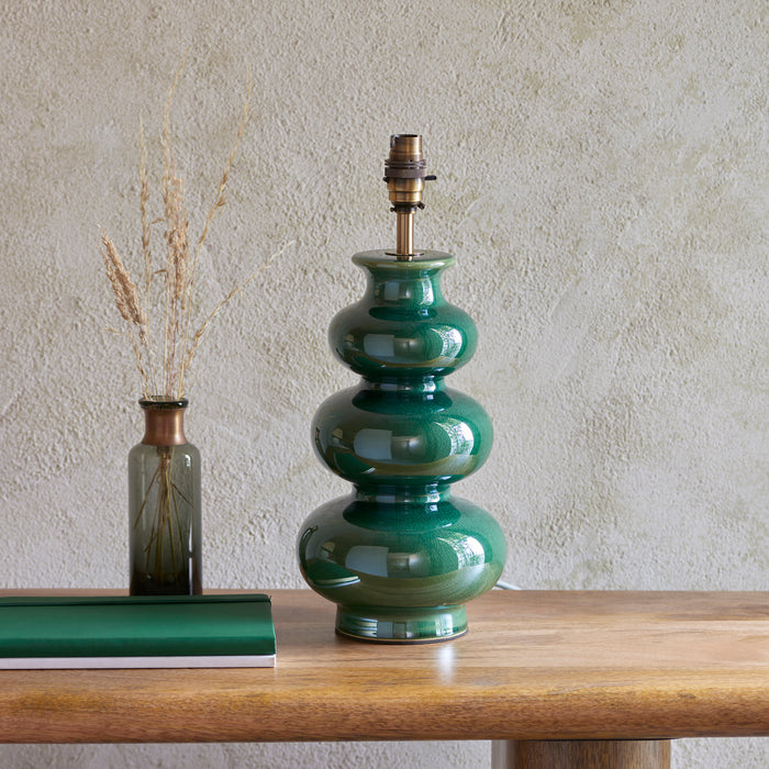 Endon 111256 Monroe Table Base Gloss green reactive glaze & brushed aged brass plate 10W LED B22 (Required) - westbasedirect.com