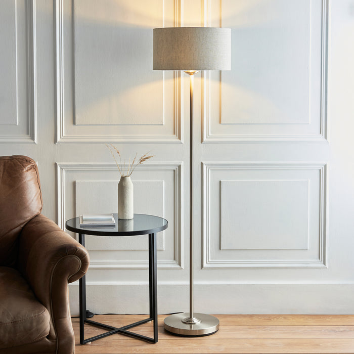 Endon 112232 Highclere Single Floor Brushed chrome plate & natural linen 10W LED E27 (Required) - westbasedirect.com