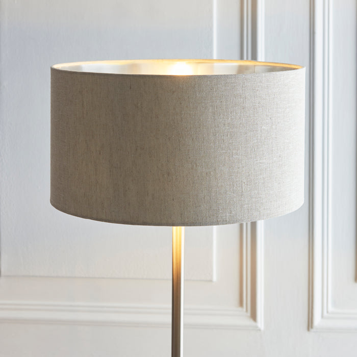 Endon 112232 Highclere Single Floor Brushed chrome plate & natural linen 10W LED E27 (Required) - westbasedirect.com