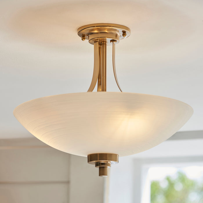 Endon 112438 Welles 3lt Semi Flush Brushed aged brass plate & white glass 3 x 10W LED E27 (Required) - westbasedirect.com