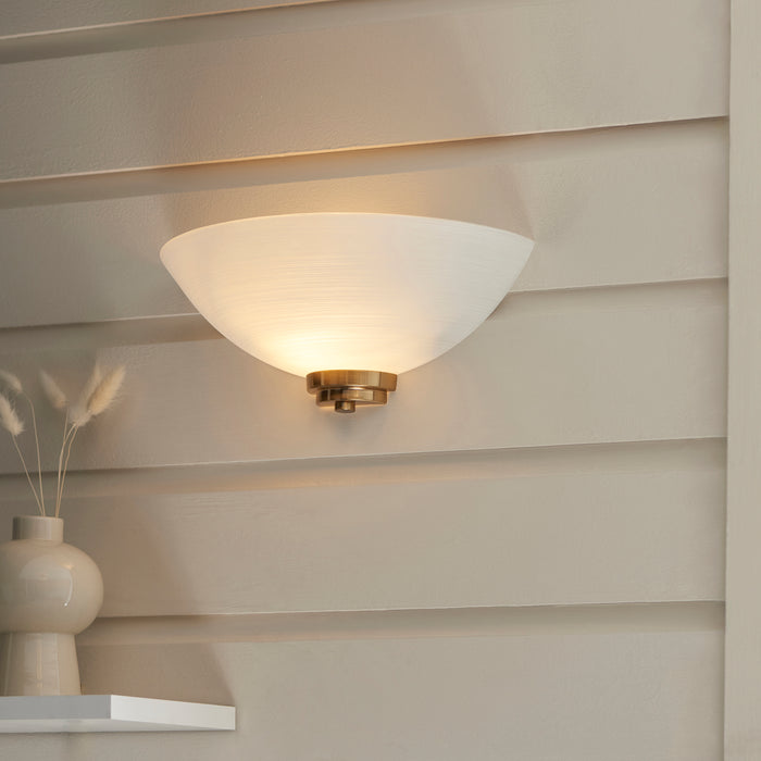 Endon 112439 Welles Wall Brushed aged brass plate & white glass 10W LED E27 (Required) - westbasedirect.com