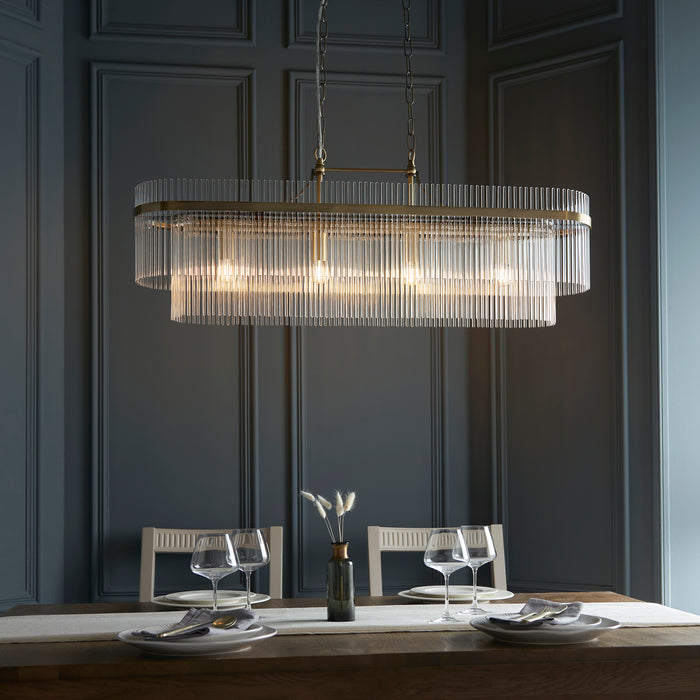 Endon 112573 Marietta 4lt Linear Pendant Antique brass plate & clear glass 4 x 6W LED E14 (Required) - westbasedirect.com
