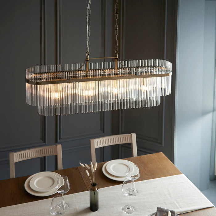Endon 112573 Marietta 4lt Linear Pendant Antique brass plate & clear glass 4 x 6W LED E14 (Required) - westbasedirect.com