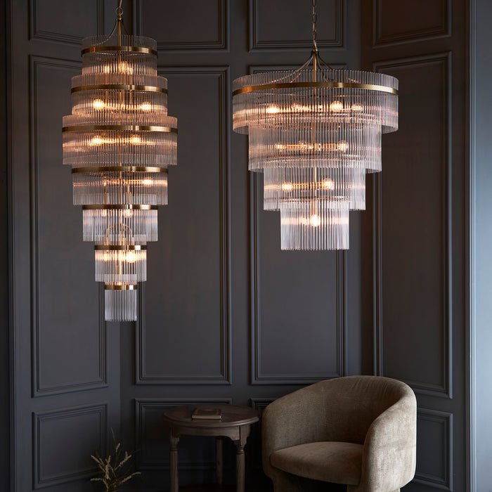 Endon 112576 Marietta 16lt Tiered Pendant Antique brass plate & clear glass 16 x 6W LED E14 (Required) - westbasedirect.com