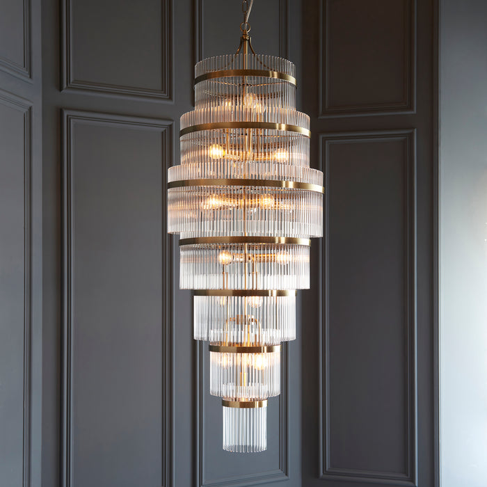 Endon 112793 Marietta Grand 21lt Tiered Pendant Antique brass plate & clear glass 21 x 6W LED E14 (Required) - westbasedirect.com