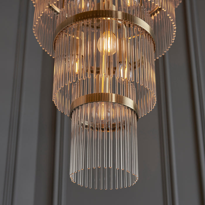 Endon 112793 Marietta Grand 21lt Tiered Pendant Antique brass plate & clear glass 21 x 6W LED E14 (Required) - westbasedirect.com