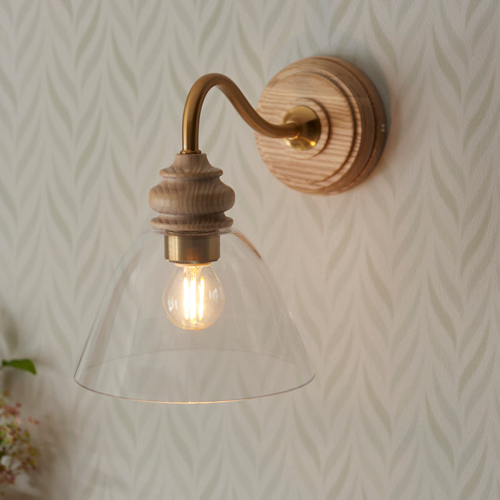 Endon 113371 Cotswold Wall Light Natural ash, brushed aged brass plate & clear glass  7W LED E14 (Required) - westbasedirect.com