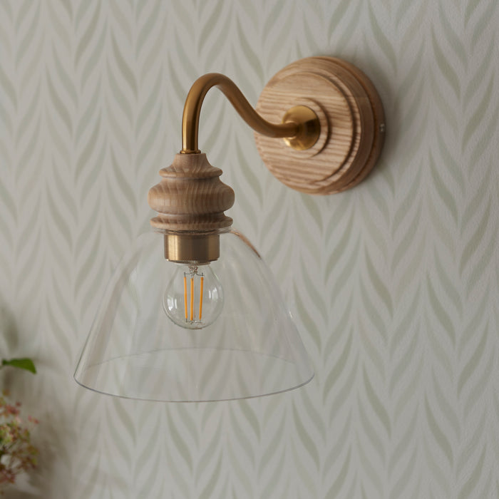 Endon 113371 Cotswold Wall Light Natural ash, brushed aged brass plate & clear glass  7W LED E14 (Required) - westbasedirect.com