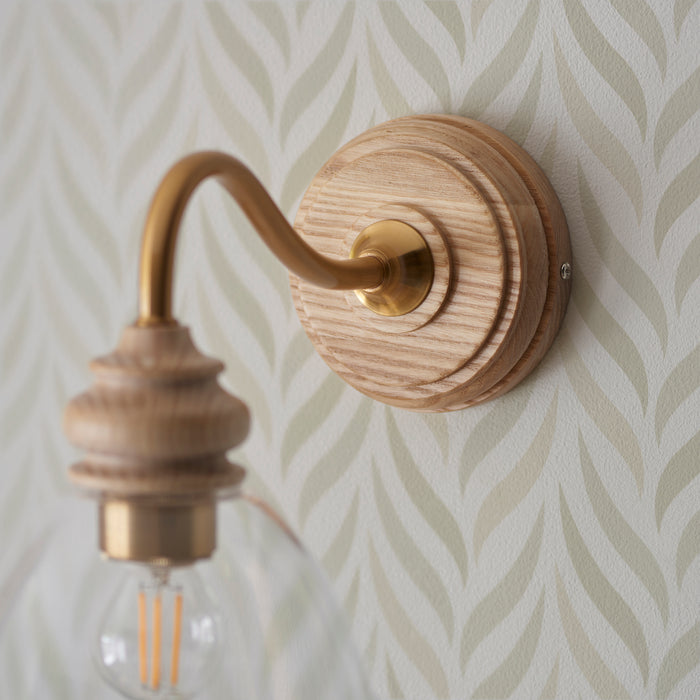 Endon 113371 Cotswold Wall Light Natural ash, brushed aged brass plate & clear glass  7W LED E14 (Required) - westbasedirect.com