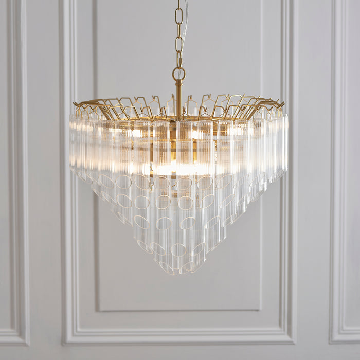 Endon 114198 Toulouse 12lt Pendant Satin brass plate & clear ribbed glass 12 x 3W LED G9 (Required) - westbasedirect.com