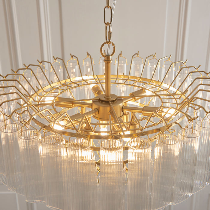 Endon 114198 Toulouse 12lt Pendant Satin brass plate & clear ribbed glass 12 x 3W LED G9 (Required) - westbasedirect.com
