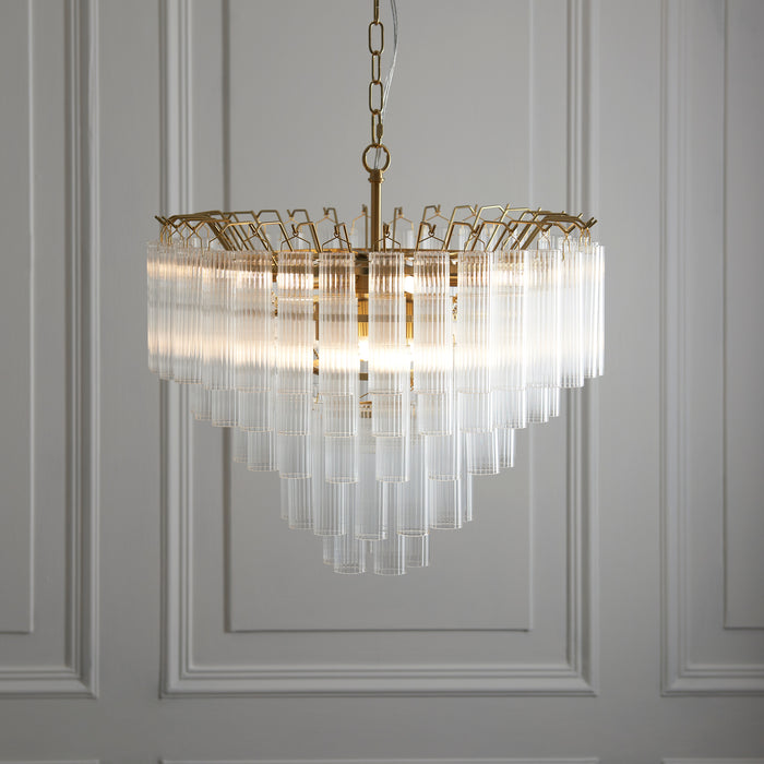 Endon 114199 Toulouse 12lt Pendant Satin brass plate & clear ribbed glass 12 x 3W LED G9 (Required) - westbasedirect.com