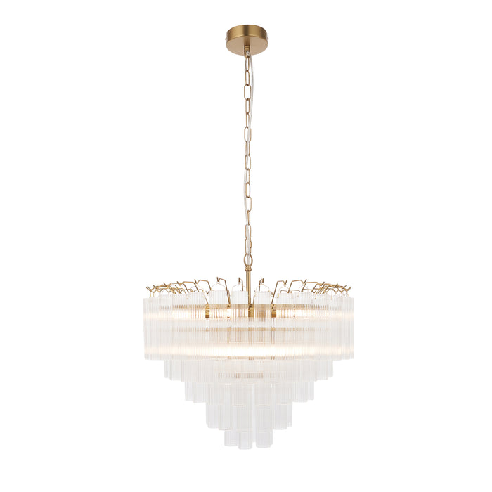 Endon 114199 Toulouse 12lt Pendant Satin brass plate & clear ribbed glass 12 x 3W LED G9 (Required) - westbasedirect.com