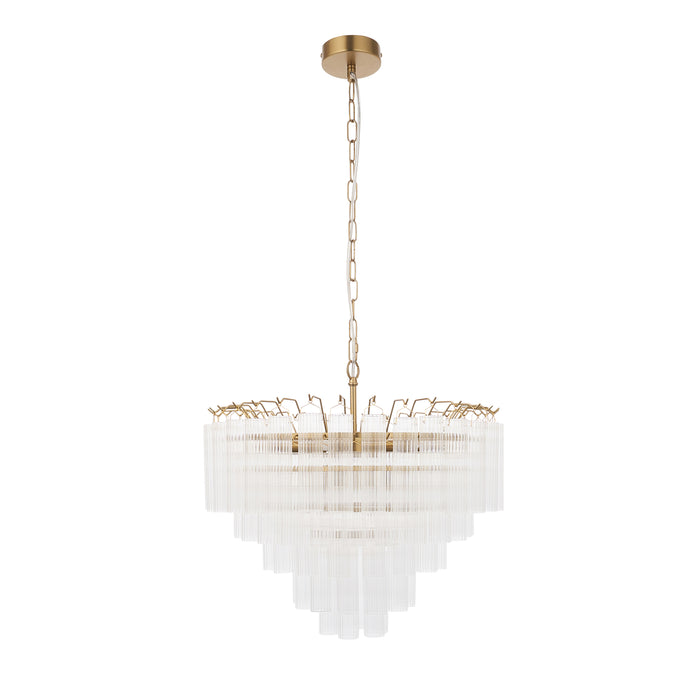 Endon 114199 Toulouse 12lt Pendant Satin brass plate & clear ribbed glass 12 x 3W LED G9 (Required) - westbasedirect.com