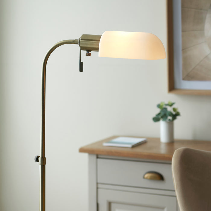 Endon 114204 Pharmacy Reader Floor Antique brass plate & opal glass 10W LED E27 (Required) - westbasedirect.com
