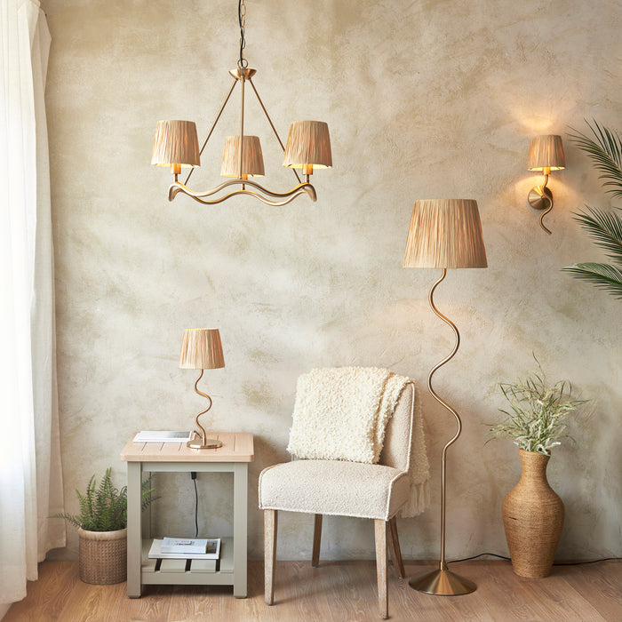 Endon 114213 Wriggle 3lt Pendant Brushed aged brass plate & natural raffia 3 x 6W LED E14 (Required) - westbasedirect.com