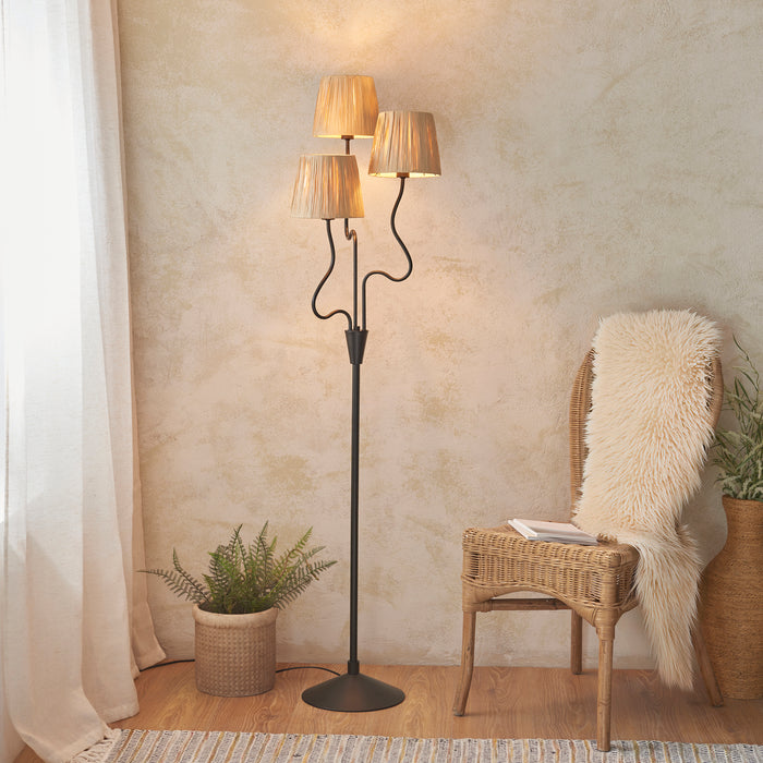 Endon 114221 Wriggle 3lt Floor Matt black & natural raffia 3 x 7W LED E14 (Required) - westbasedirect.com