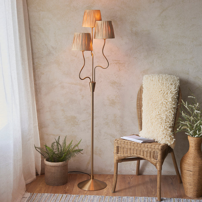 Endon 114222 Wriggle 3lt Floor Brushed aged brass plate & natural raffia 3 x 7W LED E14 (Required) - westbasedirect.com
