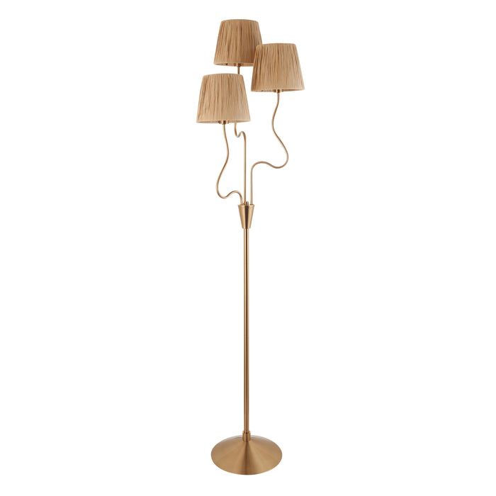 Endon 114222 Wriggle 3lt Floor Brushed aged brass plate & natural raffia 3 x 7W LED E14 (Required) - westbasedirect.com