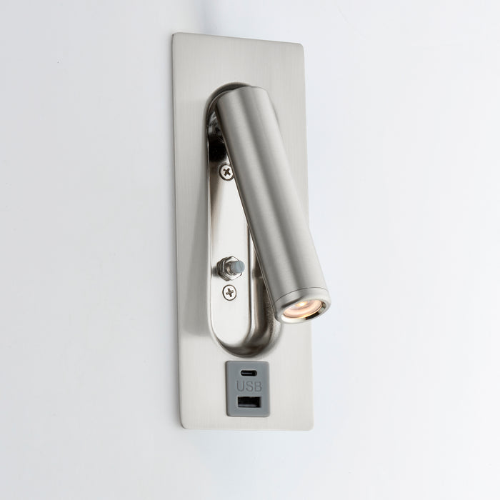 Saxby 120963 Lumos 3W IP20 Adjustable LED Wall Light with USB A+C 3000K - Stainless Steel