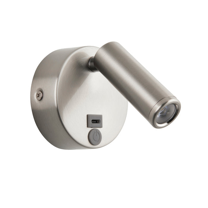 Saxby 120966 Lumos Mini 3W IP20 Adjustable LED Wall Light with USB C 3000K - Stainless Steel