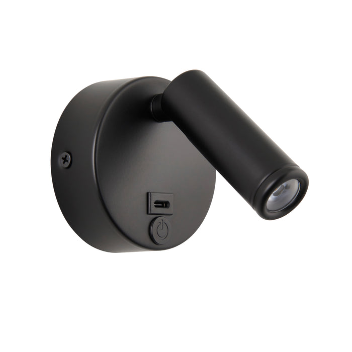Saxby 120968 Lumos Mini 3W IP20 Adjustable LED Wall Light with USB C 3000K - Matt Black