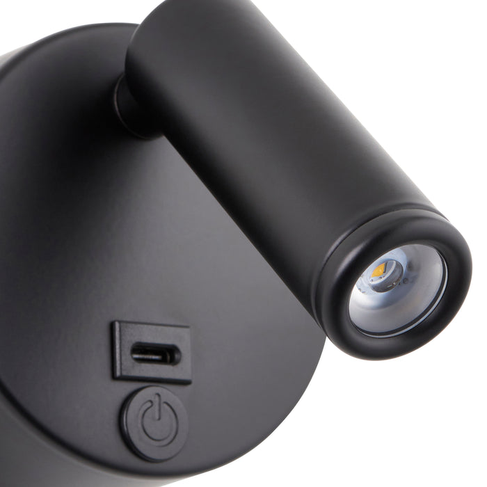 Saxby 120968 Lumos Mini 3W IP20 Adjustable LED Wall Light with USB C 3000K - Matt Black