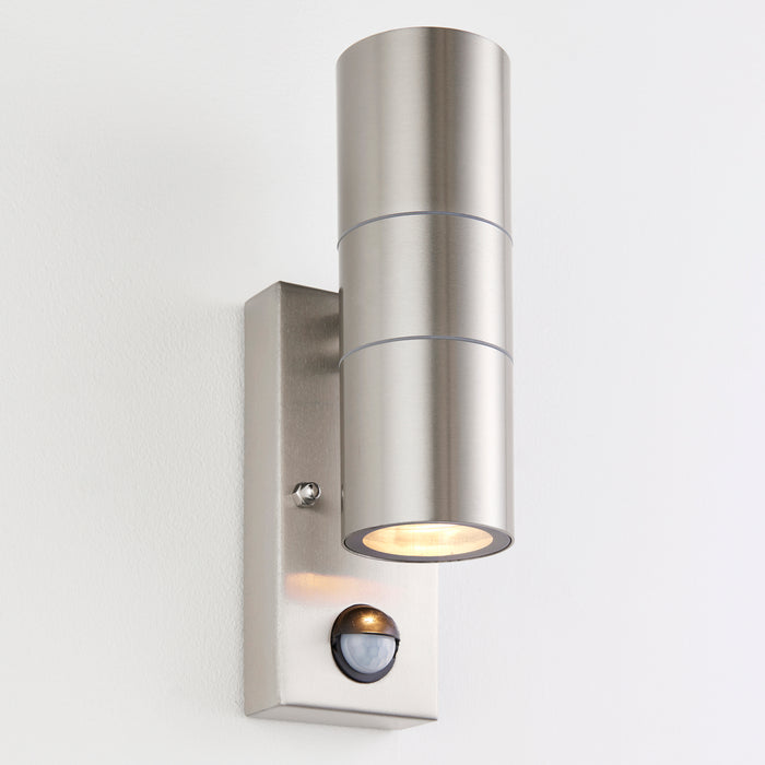 Saxby 121029 Scope GU10 IP65 Fixed Up/Down Wall Light with PIR & Photocell - Stainless Steel (Lamp Not Included)