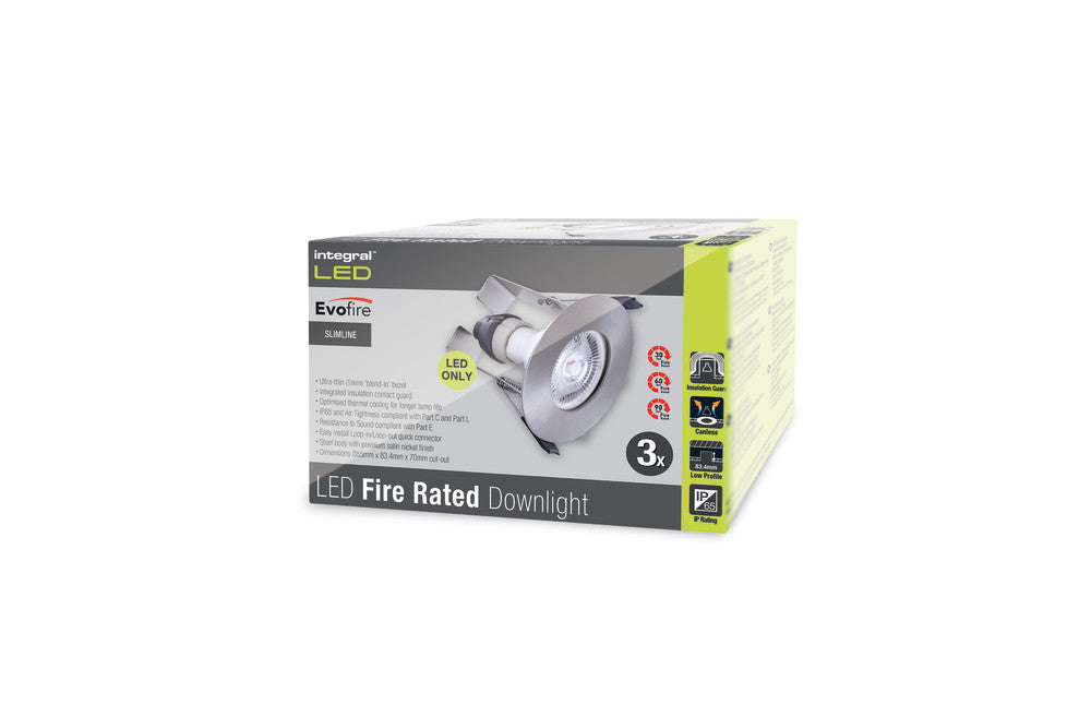 Integral ILDLFR70D004-3 Evofire Fire Rated Downlight 70mm Cutout IP65 Satin Nickel Round +GU10 Holder & Insulation Guard (3 Pack) - westbasedirect.com