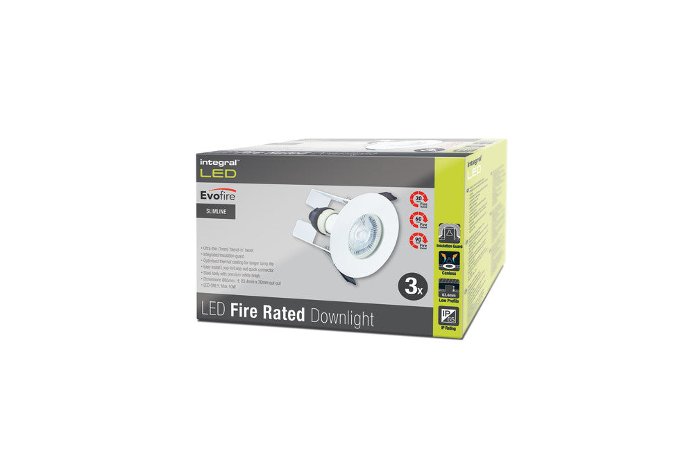Integral ILDLFR70D003-3 Evofire Fire Rated Downlight 70mm Cutout IP65 White Round +GU10 Holder & Insulation Guard (3 Pack) - westbasedirect.com