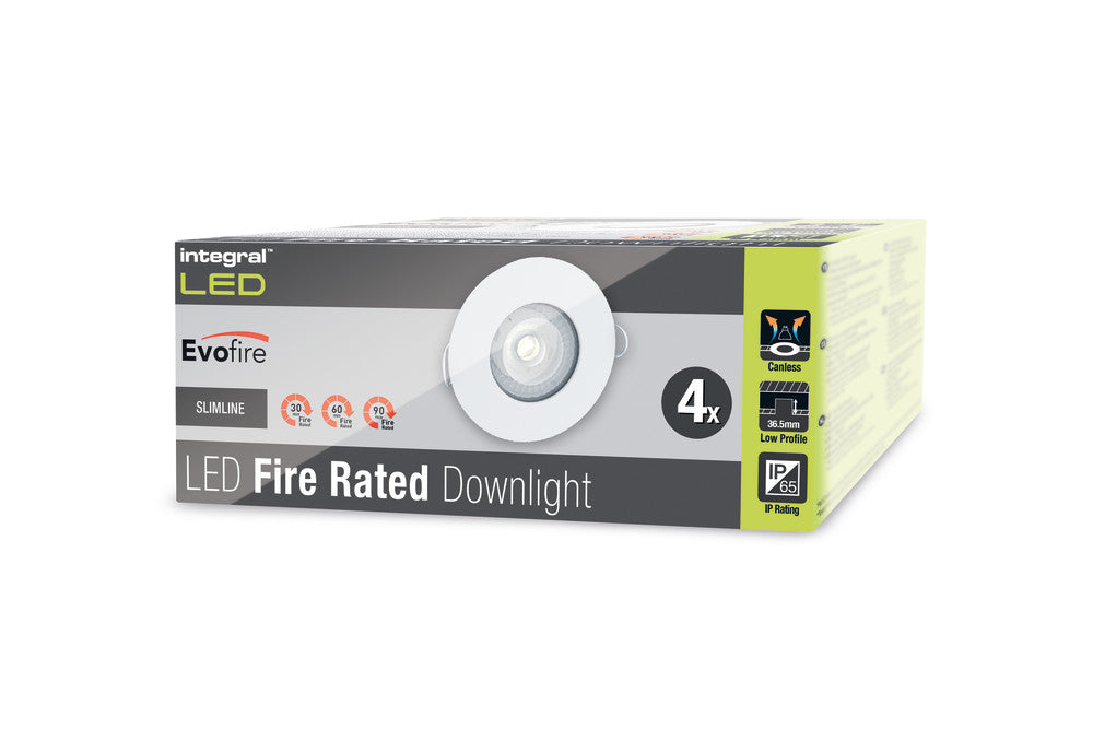 Integral ILDLFR70D001-4 Evofire Fire Rated Downlight 70mm Cutout IP65 White Round +GU10 Holder (4 Pack) - westbasedirect.com